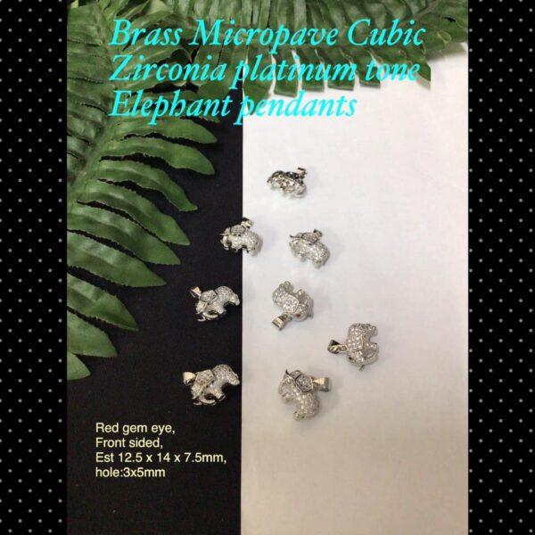 Brass Micro pave Cubic Zirconia Platinum tone Elephant pendants