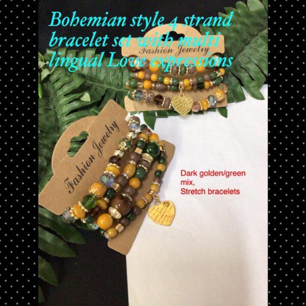 Bohemian style 4 strand bracelet set with multi lingual Love expressions charm (dark golden/green)