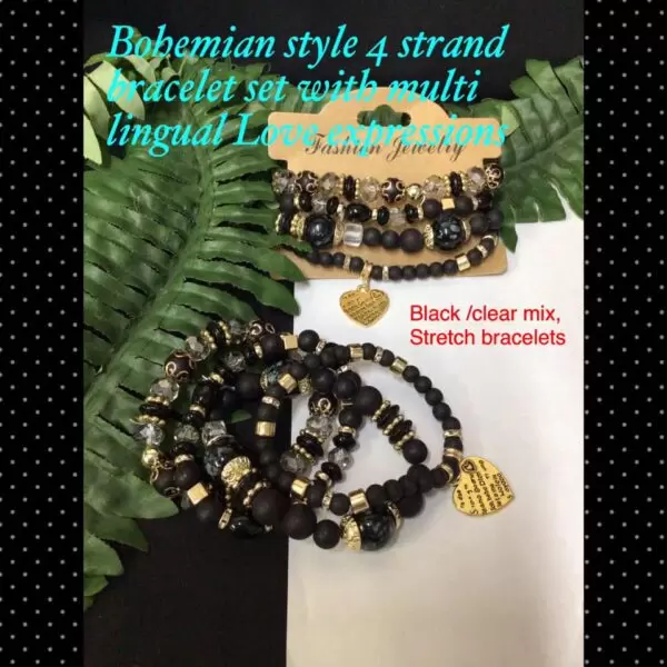 Bohemian style 4 strand bracelet set/multi lingual Love expressions charm (black/mix)