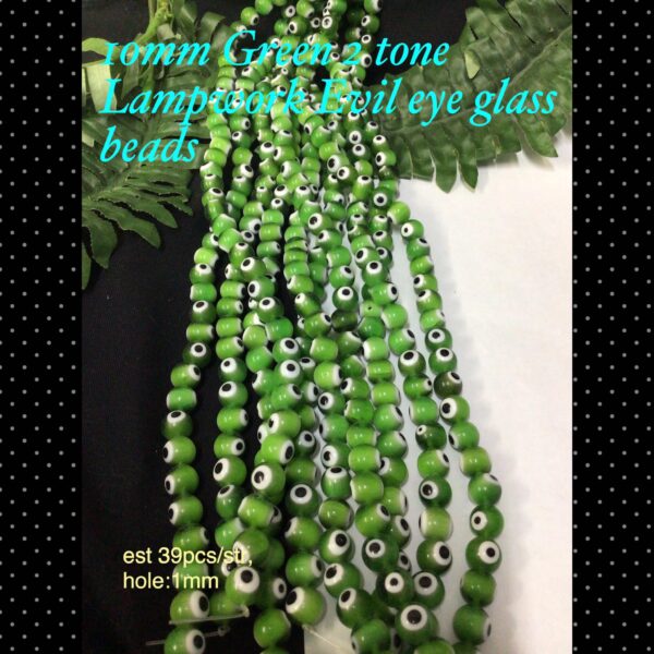 10mm Green 2tone Lampwork Evil eye glass beads (est 39pcs)