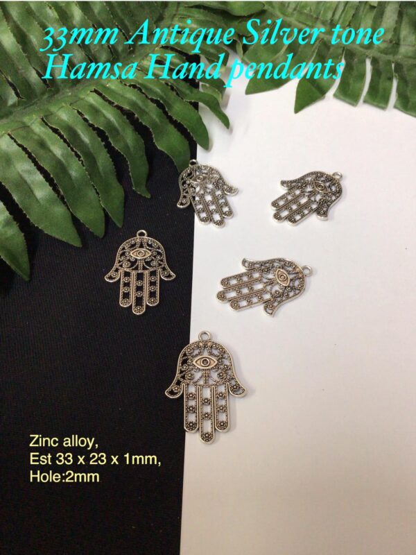 33mm Antique Silver tone Hamsa Hand pendants (4pcs)