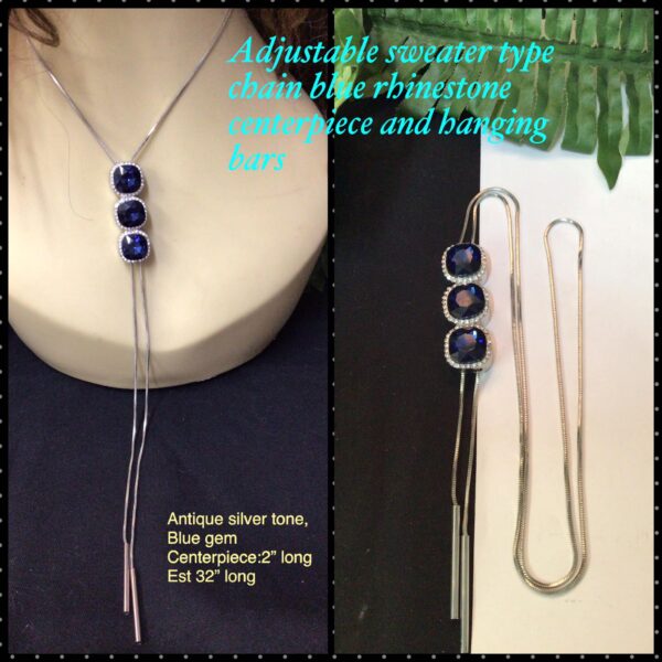 Adjustable sweater type chain with blue rhinestone centerpiece and hanging bars