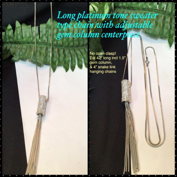 Long platinum tone sweater type chain with NON ADJUSTABLE gem column centerpiece centrepiece