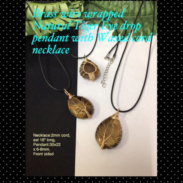 Brass wire wrapped Natural Tiger eye drop pendant with Waxed cord necklace