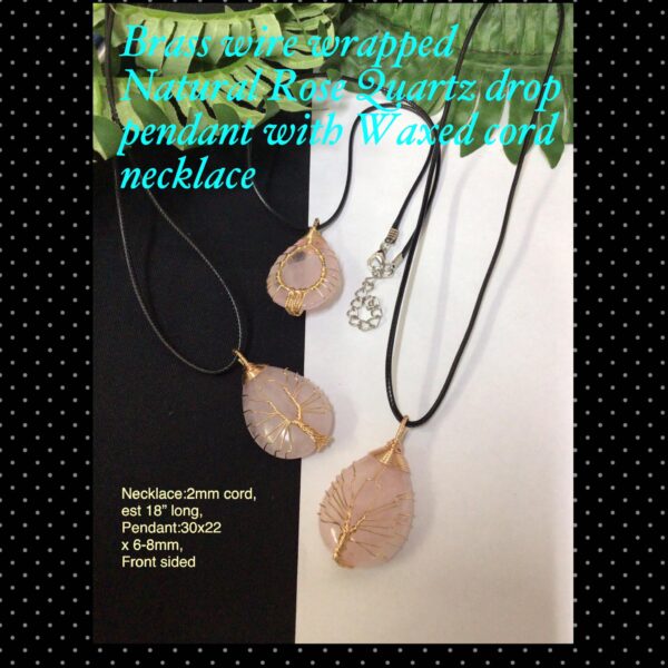 Brass wire wrapped Natural Rose Quartz drop pendant with Waxed cord necklace