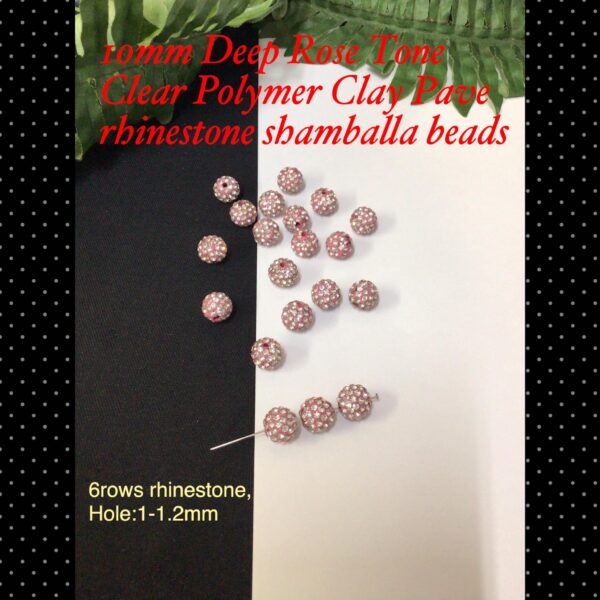 10mm Deep Rose tone/Clear Polymer Clay Pave rhinestone shamballa beads