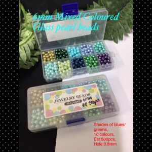 10 colour 6mm Mixed glass pearls in container (shades of blues/greens,)
