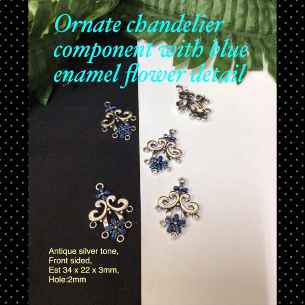 Ornate chandelier component with blue enamel flower detail (4pcs)