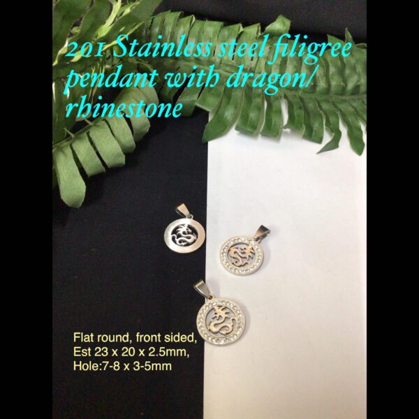 201 Stainless steel filigree pendants with dragon/rhinestone