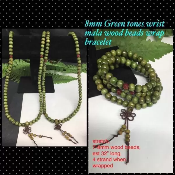 8mm Green tones wrist mala wood beads wrap bracelet