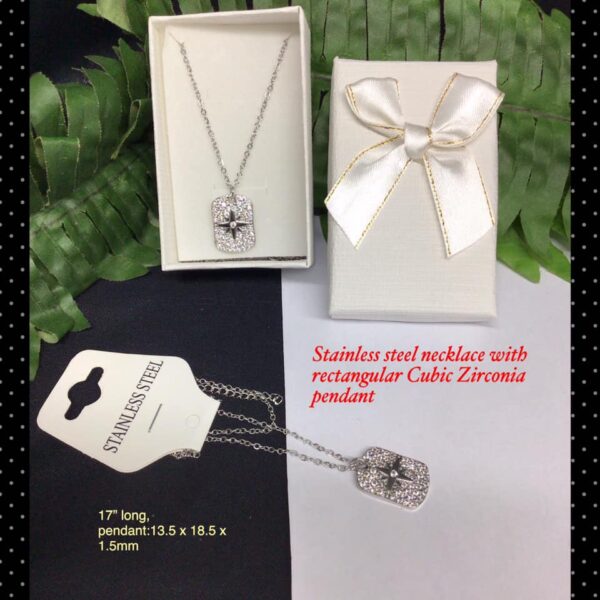 Stainless steel necklace with rectangular cubic zirconia pendant