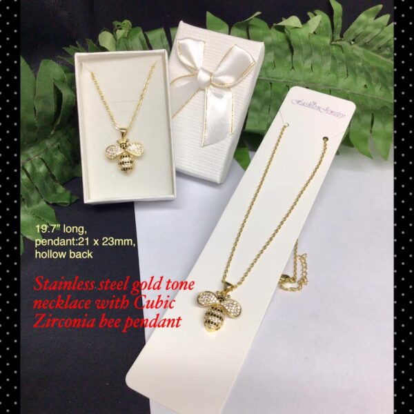 Stainless steel gold tone necklace with cubic zirconia bee pendant 20% off! no box!