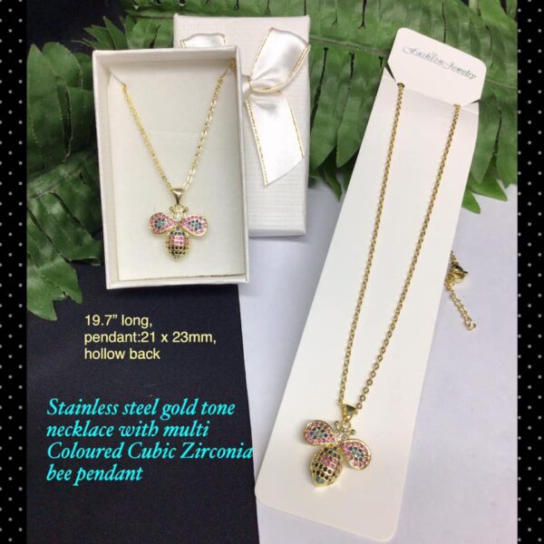 Stainless steel gold tone necklace with multi coloured cubic zirconia bee pendant 20% off!! no box!