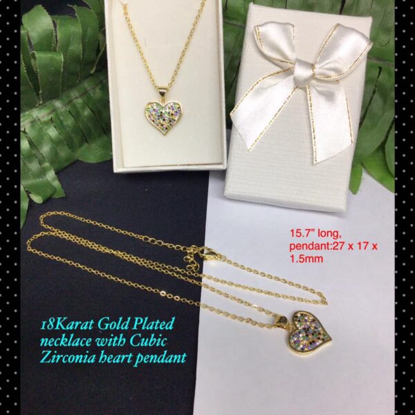 18Karat Gold plated necklace with cubic zirconia multicoloured heart pendant