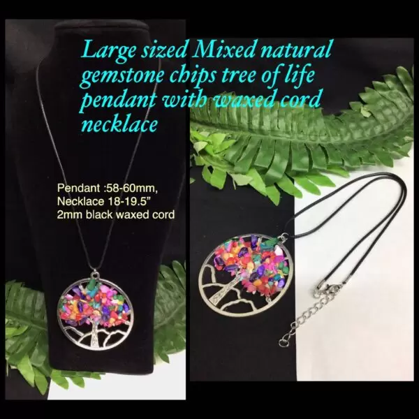 Large sized Mixed natural gemstone chips Tree of life pendant with waxed cord necklace