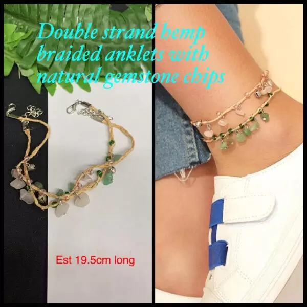 Double strand hemp braided anklets with natural gemstone chips