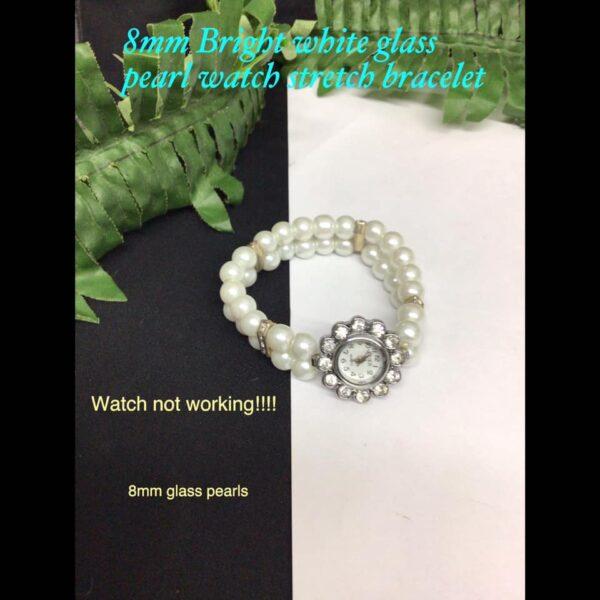 8mm Bright white glass pearl watch bracelet (watch not working!!)