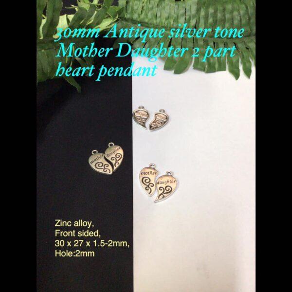 30mm Antique Silver tone Mother Daughter 2 part heart pendant