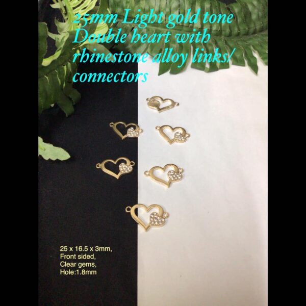 25mm Light Gold tone Double heart with rhinestone alloy links/connectors