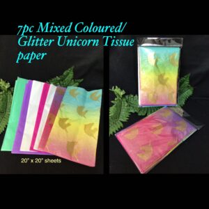 7pc Mixed Coloured/Glitter Unicorn tissue paper