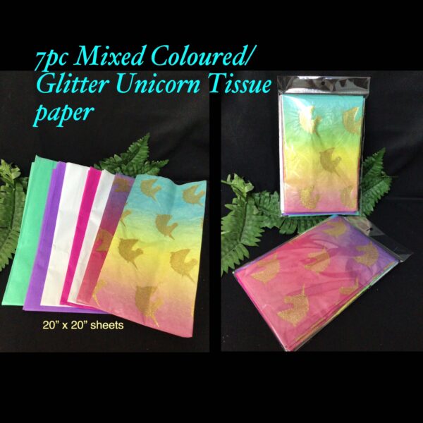 7pc Mixed Coloured/Glitter Unicorn tissue paper