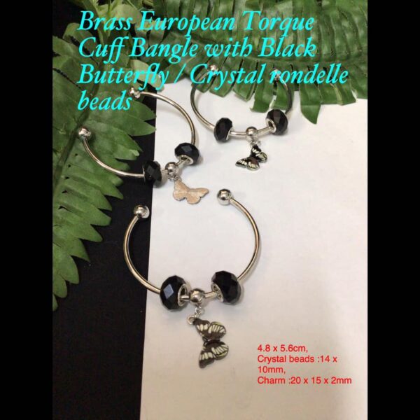 Brass European Torque Cuff Bangle with Black Butterfly/Crystal rondelle beads (removable ends!)