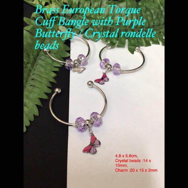 Brass European Torque Cuff Bangle with Purple Butterfly/Crystal rondelle beads (removable ends!)