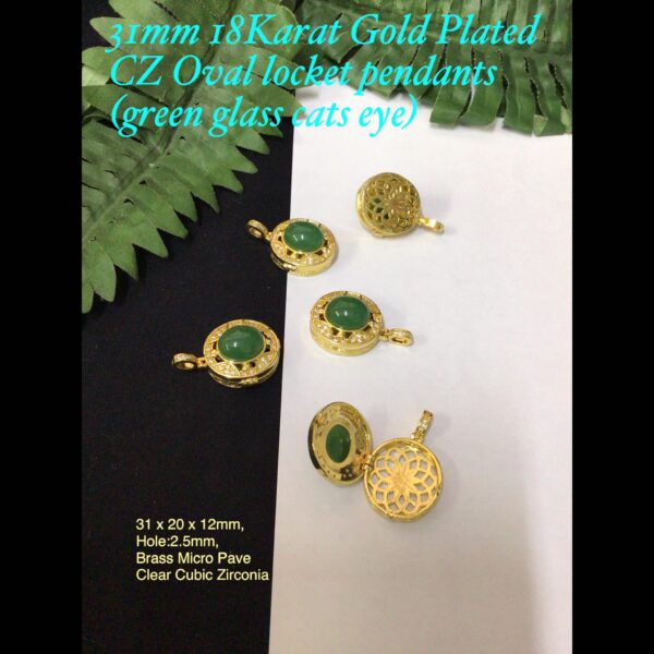 31mm 18Karat Gold Plated CZ Oval locket pendants (green glass cats eye)