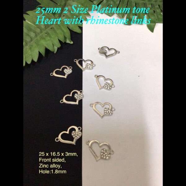 25mm 2 Size Platinum tone Hearts with rhinestone links