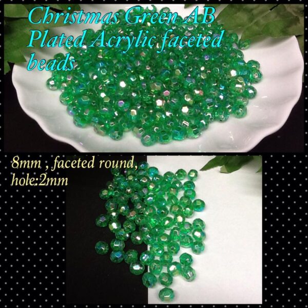 8mm Christmas Green AB Plated faceted acrylic beads (est 100pcs)