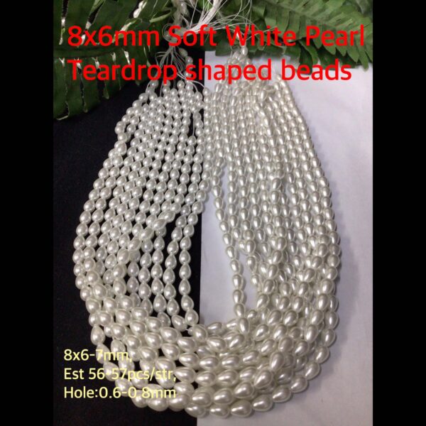 8x6mm Soft White Glass Pearl Teardrop shaped beads (est 56-57pcs)