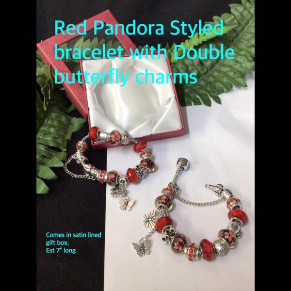 Red Pandora Styled bracelet with double butterfly charms (no box!) 20% OFF!