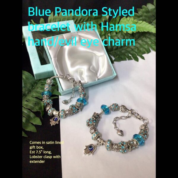 Blue Pandora Styled bracelet with Hamsa hand/evil eye charm  (no box!) 20% OFF!