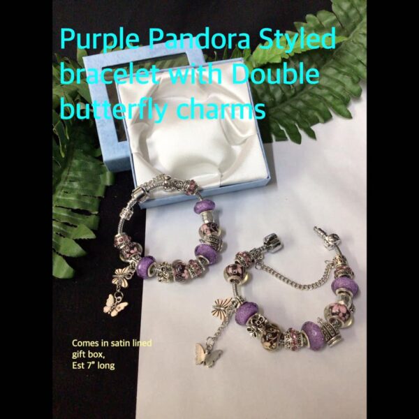 Purple Pandora Styled bracelet with double butterfly charms  (no box!) 20% OFF!