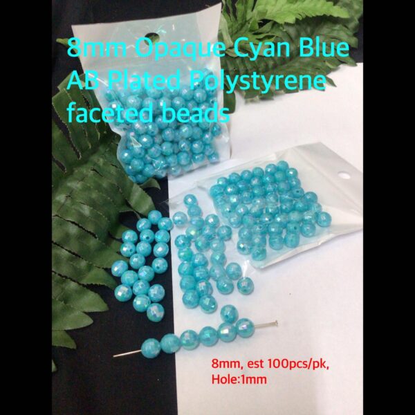 8mm Opaque Cyan Blue AB Plated Polystyrene faceted beads (est 100pcs)