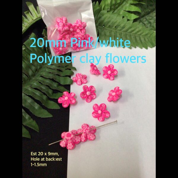 20mm Pink/White Polymer clay flowers (10pcs)