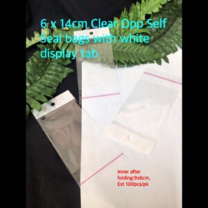 6x14cm Clear Self Seal bags with white display tab (est 100pcs)
