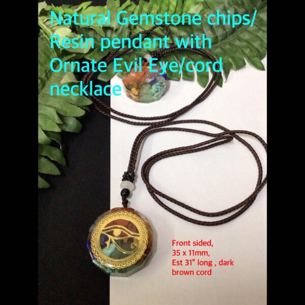 Natural Gemstone chips/resin circle cord necklace with Ornate Evil Eye