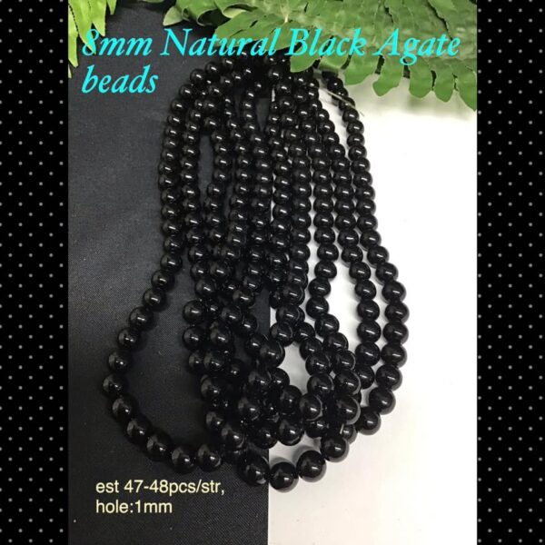 8mm Natural black agate beads (est 47-48pcs)