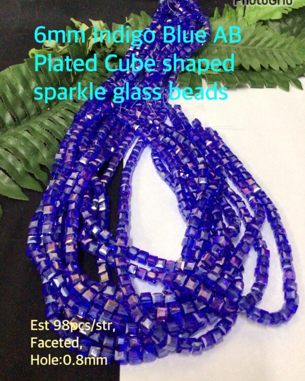 6mm Indigo Blue AB Plated Cube shaped sparkle glass beads (est 98pcs)