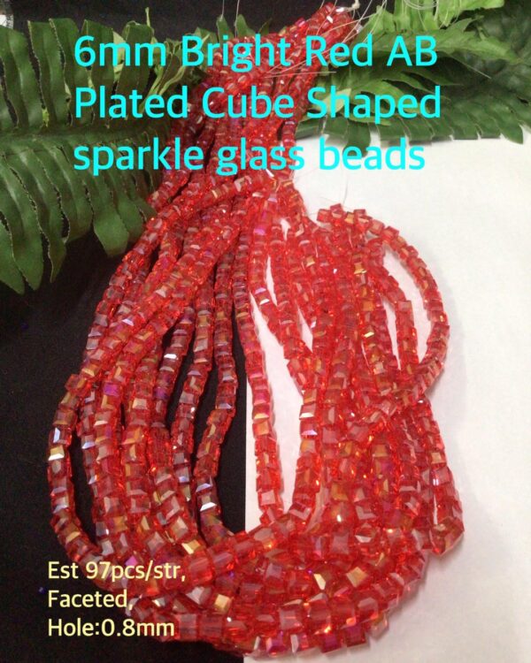 6mm Bright Red Ab AB Plated Cube shaped sparkle glass beads (est 98pcs)