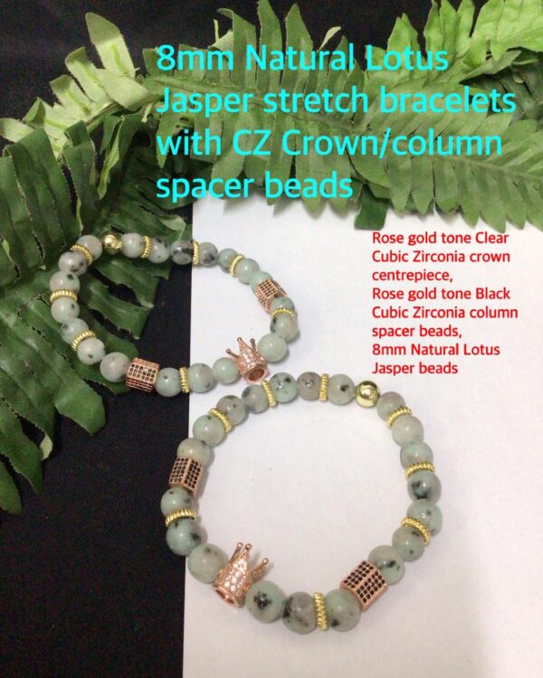 8mm Natural Lotus Jasper Stretch bracelets with CZ Crown/column spacer beads