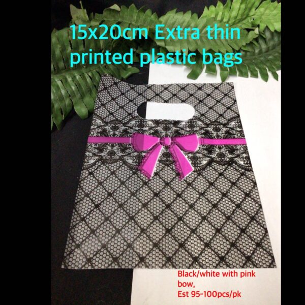 15x20cm Extra Thin Printed Plastic bags (est 95-100pcs) Black/White with pink bow