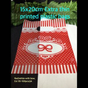 15x20cm Extra Thin Printed Plastic bags (est 95-100pcs) Red/White with bow