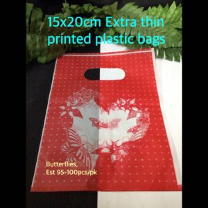 15x20cm Extra Thin Printed Plastic bags (est 95-100pcs) Red/White butterflies