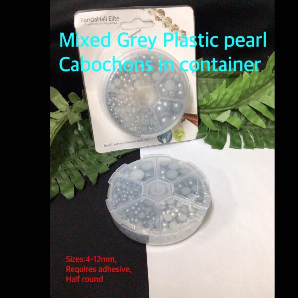 Mixed Grey Plastic Pearl Cabochons in container