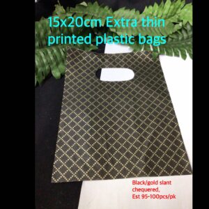 15x20cm Extra Thin Printed Plastic bags (est 95-100pcs) Black/Gold slant chequered