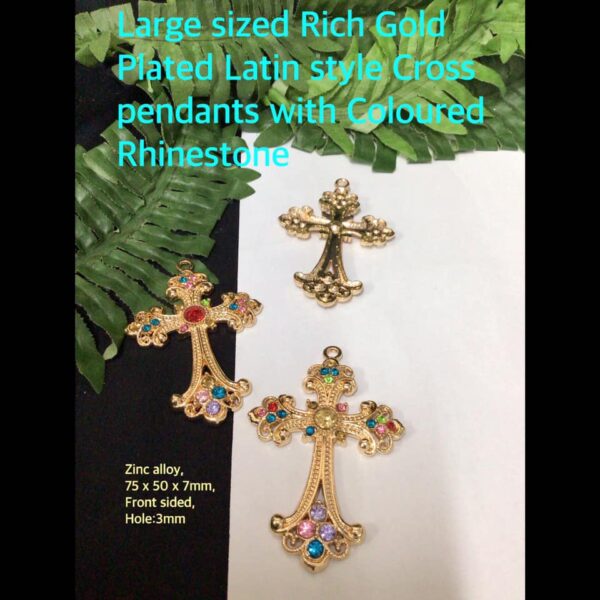 Large Sized Rich Gold Plated Latin Cross Pendants (Coloured rhinestone)