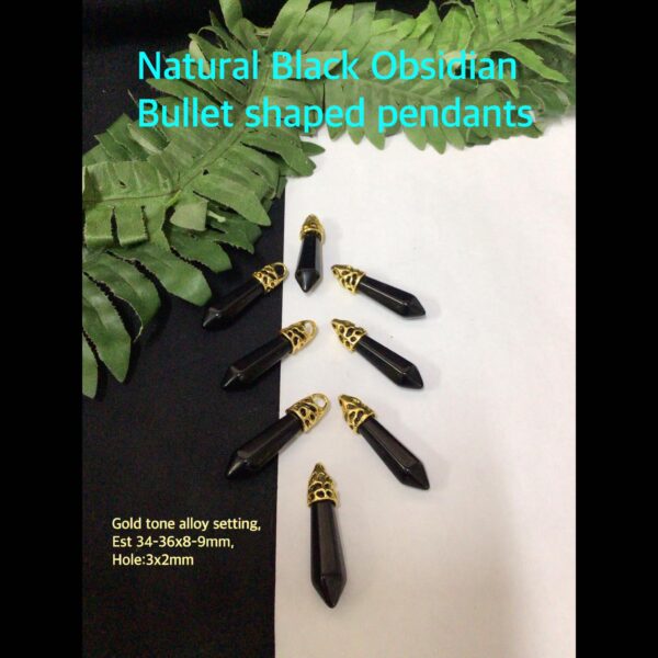 Natural Black Obsidian Bullet shaped pendants (gold tone)