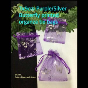 7x9cm Purple/Silver Butterfly printed organza tie bags (10pcs)
